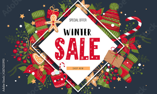 Christmas, new year, winter sale banner. Poster, background, flyer, invitation card, template design with winter elements. Vector illustration EPS 10