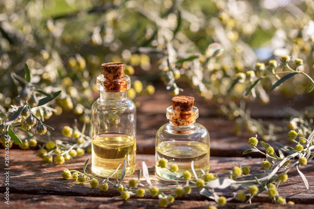 Bottles of essential oil with blooming wormwood Bottles of essential oil with blooming wormwood