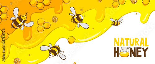 Horizontal banner with bees combs. Honey isolated on yellow background. Vector illustration EPS10