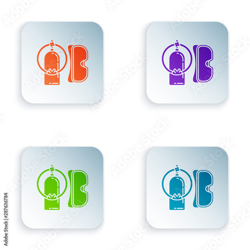 Color Diving mask and aqualung icon isolated on white background. Oxygen tank for diver. Extreme sport. Sport equipment. Set icons in colorful square buttons. Vector Illustration