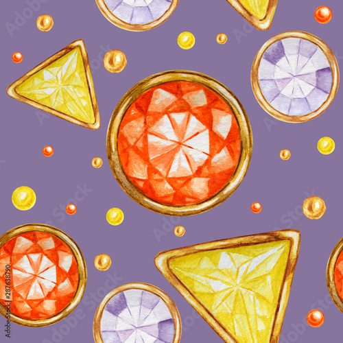 Seamless pattern Crystal in a gold frame and jewelry beads. Hand drawn watercolor diamond. Bright colors Fabric texture. Background for scrapbooking
