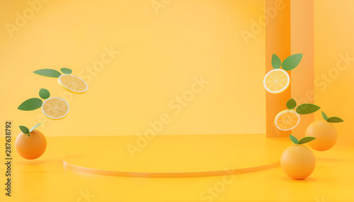 Abstract Orange fruits stage mock up, template for menu and advertising product, 3d rendering.