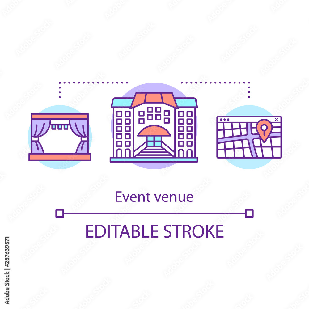 Event venue concept icon. Organization idea thin line illustration. Lease of premises. Event management. Meeting location. Vector isolated outline drawing. Editable stroke
