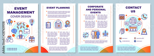 Event management brochure template layout. Corporate party planning. Flyer, booklet, leaflet print design with linear illustrations. Vector layouts for magazines, annual reports, advertising posters