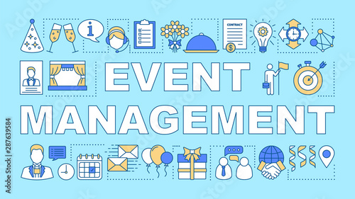Event management word concepts banner. Scheduling and organization. Event agency. Presentation, website. Isolated lettering typography idea with linear icons. Vector outline illustration