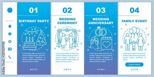 Event management & planning services onboarding mobile web pages vector template. Birthday party, wedding ceremony. Responsive smartphone website interface idea with linear illustrations. Webpage