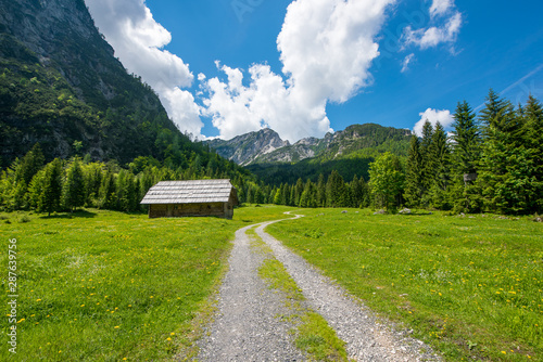 Triglav national natural Park in Slovenia, Pisnica valley. Hiking trails for tourists. Beautiful mountain landscape in the Julian Alps. photo