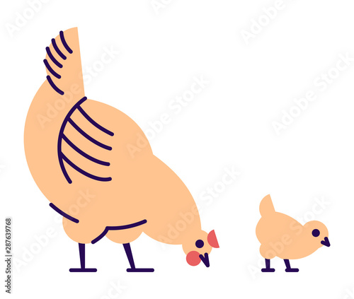 Orange chicken with chick pecking flat vector illustration. Domestic bird breeding concept. Mother hen isolated design element with outline. Poultry farming, hennery symbol on white background