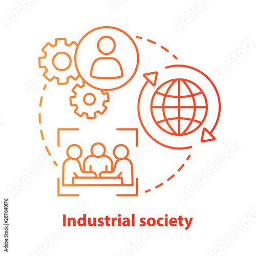 Industrial society red concept icon. Mass production technology idea thin line illustration. Labor industrialization. Technological innovation. Vector isolated outline drawing. Editable stroke