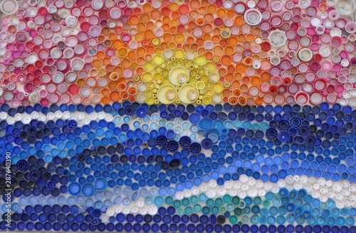  mosaic deocoration made of cororful plastic bottle caps 