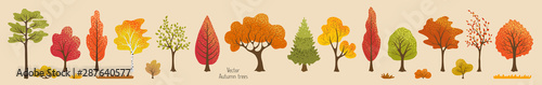 Autumn trees, bush, grass. Set of plants. Elements for vector flat design