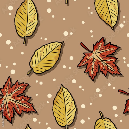 Cute autumn maple and elm leaves cartoon seamless pattern. Fall decoration hand drawn background texture tile