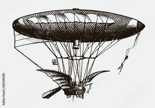 Historic flying airship with stearing device and two wings. Illustration after wood engraving from 19th century photo