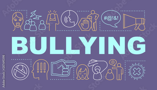 Bullying word concepts banner. Social abuse, oppression and violence. Prejudice and discrimination. Presentation, website. Isolated lettering typography with linear icons. Vector outline illustration