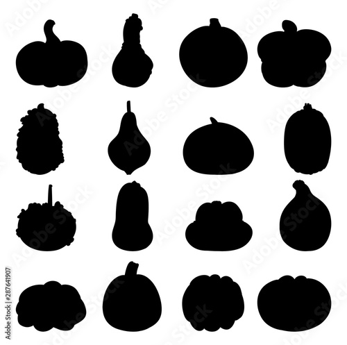 Set of cute outline pumpkin black silhouettes. Autumn contour element graphic icons