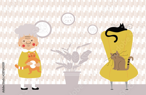 Character old woman with three cats in the room. Pet care. Vector stylized illustration in a flat style. The interior of the room. Web banner or childrens book design. photo