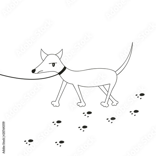 A simple drawing of a dog on a leash. Vector illustration of a dog logo. Childrens drawing. Caricature. For childrens books, print on clothes.