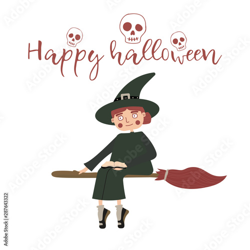 Witch flies on the coven. Illustrated cartoon character in a flat style. Female sorceress riding a broomstick. Halloween costume. For poster, web banner, cartoon. Like a signboard of a magic store.