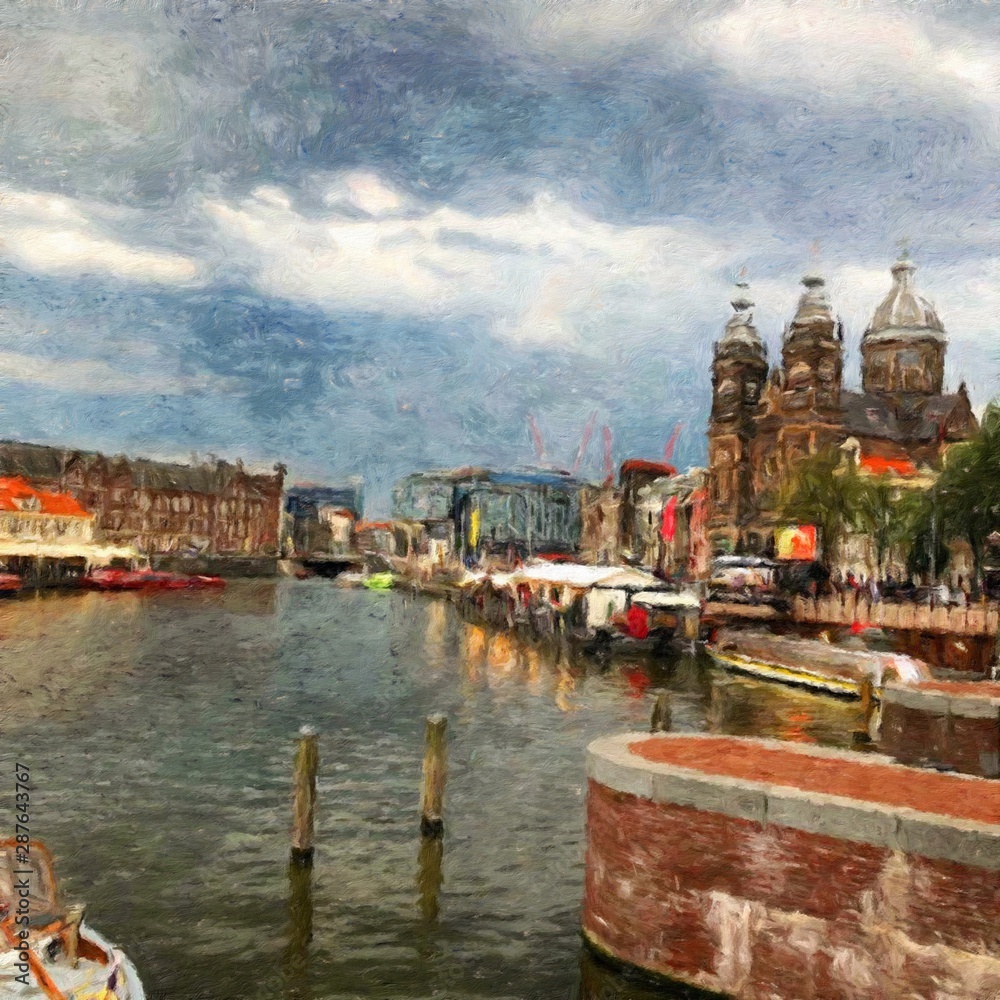 Obraz premium Oil painting modern art Amsterdam, Netherlands. Wall poster and canvas contemporary drawing print. Touristic postcard and stationery design. Europe beauty travel scene, historical buildings and place.