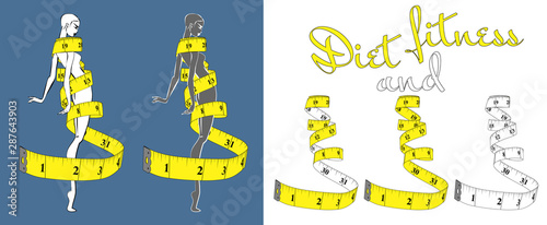 Measuring tape inch, diet theme white and yellow with high thin girl. Theme for the studio, dressmaking. Vector illustration. 