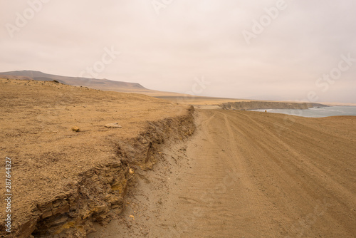 Dramatic coastline with intense colors in the desert of Paracas National Reserve, Peru