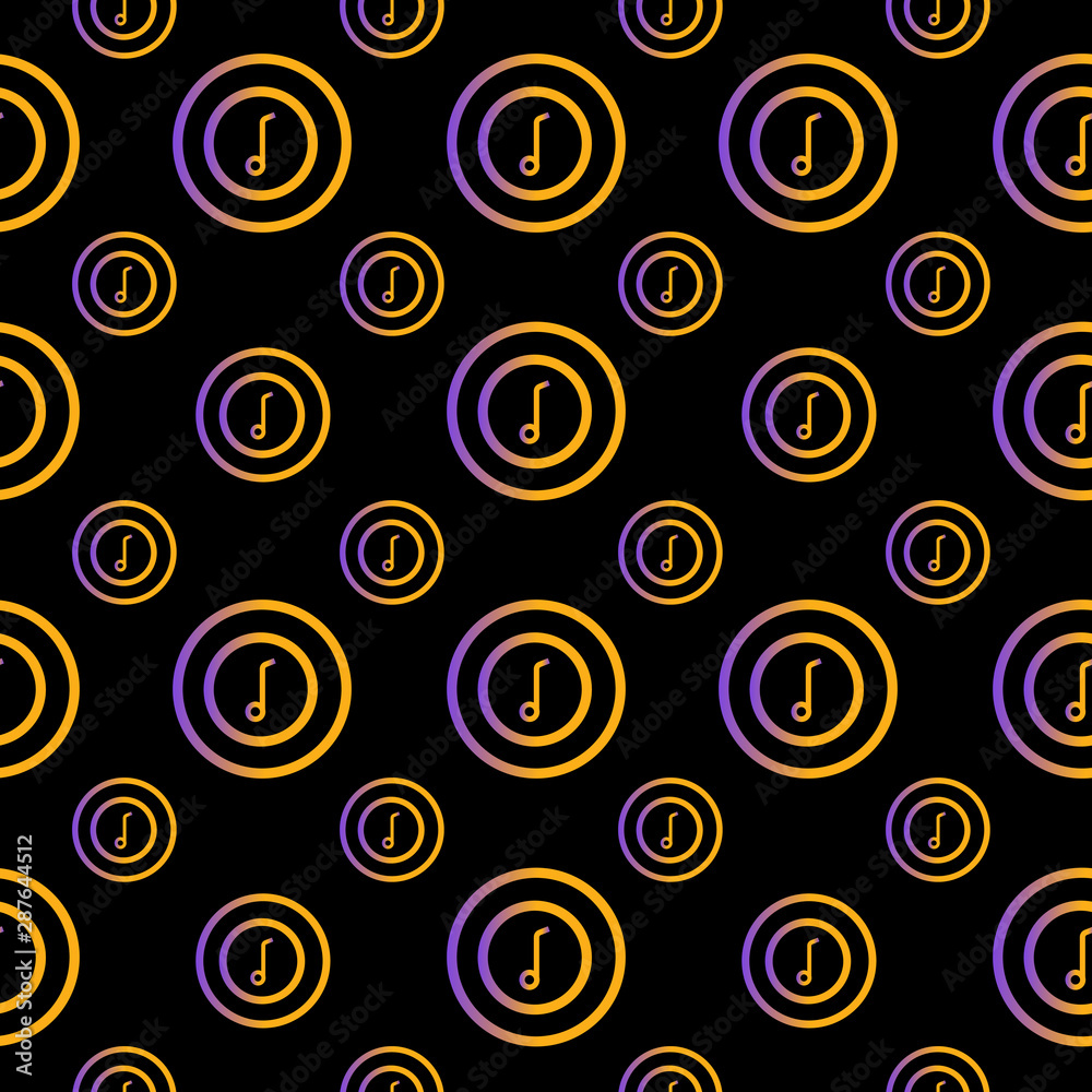 Seamless trendy pattern with music note icons. Gradient bright linear objects on the black background. Usable for banners, cards, posters, party invitations, packaging, covers. Vector illustration