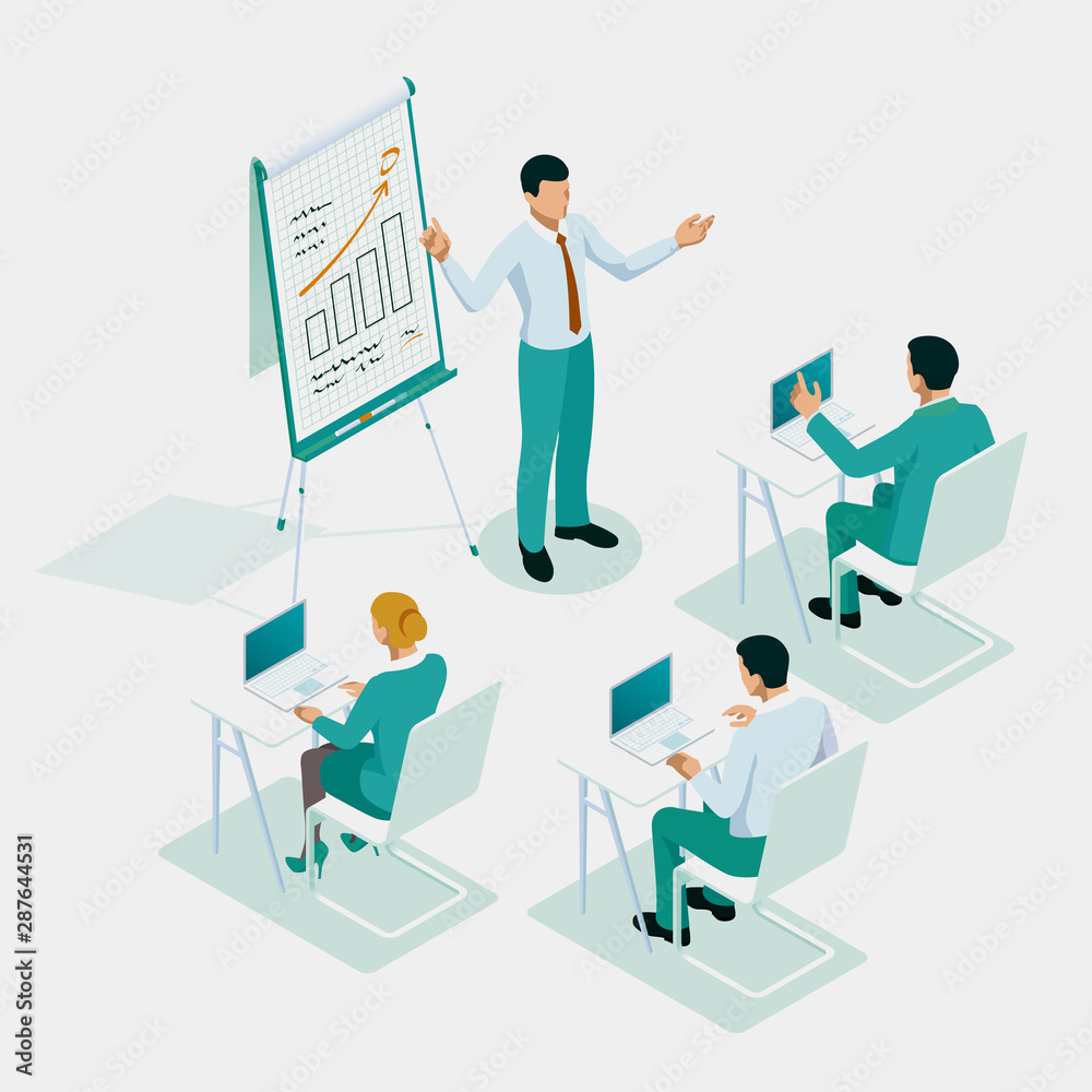 Isometric business training or courses, business meeting, teamwork, training, improving professional skill concept. Isometric business training or courses, business meeting, teamwork, training, improving professional skill concept.