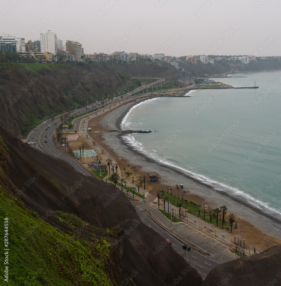 The beautiful green cliffs of the Costa Verde in the Miraflores district of Lima, Peru