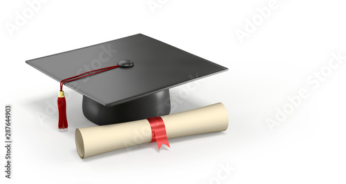 Graduation cap with diploma paper on the white background. 3D Rendering.