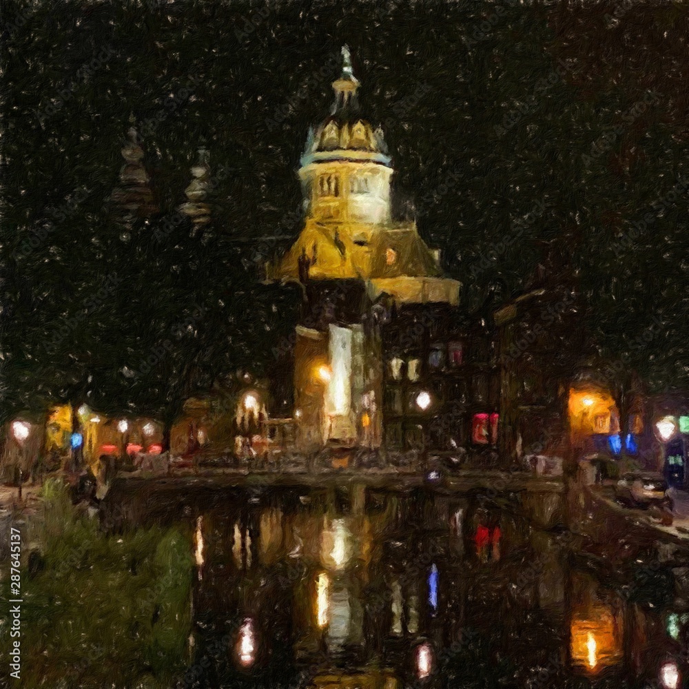 Fototapeta premium Oil painting modern art Amsterdam, Netherlands. Wall poster and canvas contemporary drawing print. Touristic postcard and stationery design. Europe beauty travel scene, historical buildings and place.