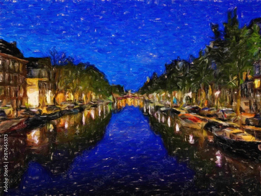 Oil painting modern art Amsterdam, Netherlands. Wall poster and canvas contemporary drawing print. Touristic postcard and stationery design. Europe beauty travel scene, historical buildings and place. Oil painting modern art Amsterdam, Netherlands. Wall poster and canvas contemporary drawing print. Touristic postcard and stationery design. Europe beauty travel scene, historical buildings and place.