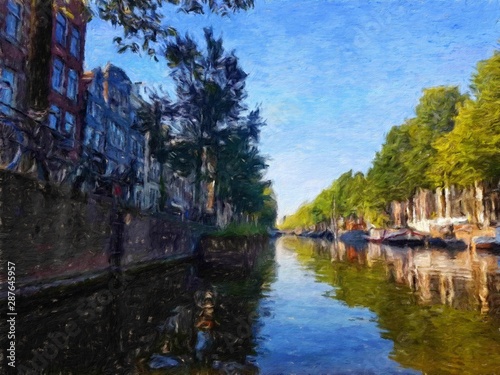 Oil painting modern art Amsterdam, Netherlands. Wall poster and canvas contemporary drawing print. Touristic postcard and stationery design. Europe beauty travel scene, historical buildings and place. © Katsiaryna