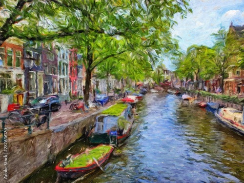 Oil painting modern art Amsterdam, Netherlands. Wall poster and canvas contemporary drawing print. Touristic postcard and stationery design. Europe beauty travel scene, historical buildings and place.