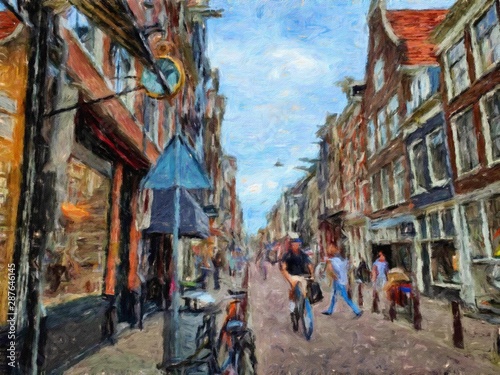 Oil painting modern art Amsterdam, Netherlands. Wall poster and canvas contemporary drawing print. Touristic postcard and stationery design. Europe beauty travel scene, historical buildings and place. © Katsiaryna