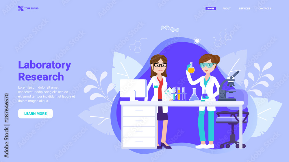 Laboratory research landing page concept. Flat vector illustration for web site, banner, hero image. Laboratory research, medical laboratory, chemical lab, biological study.