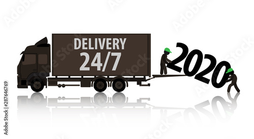 Icons of people. The movers unloaded a big heavy truck numbers 2020
