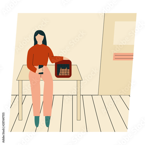 Woman with her cat. Woman dressed in trendy clothes spending time with a pet - waiting for a doctor in the veterinary clinic. Flat vector illustration.