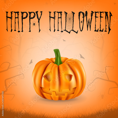 Halloween square card with big pumpkin and silhouettes of bats, spiders and spooky cartoon trees on an orange background