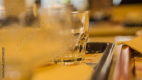 glass cup on a tray in a cafe