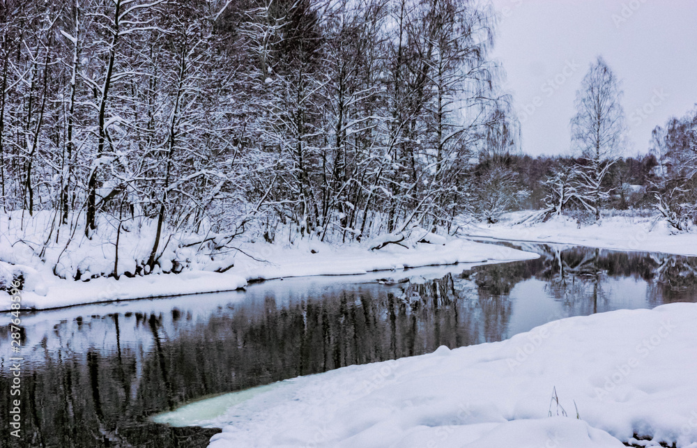 Obraz premium Winter landscape, trees in the snow on the bank of an ice-free river
