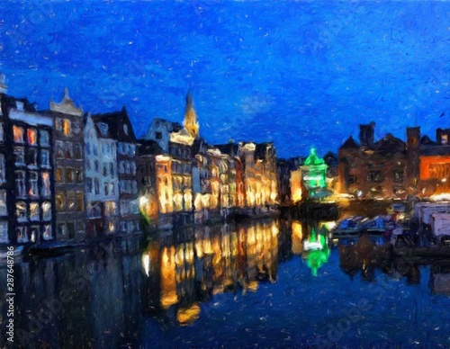 Oil painting modern art Amsterdam, Netherlands. Wall poster and canvas contemporary drawing print. Touristic postcard and stationery design. Europe beauty travel scene, historical buildings and place.