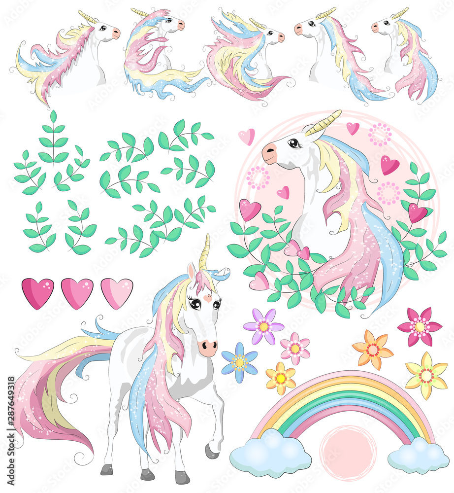 Obraz premium Set with unicorns, flowers, leaves, hearts, rainbow and other elements for girls.