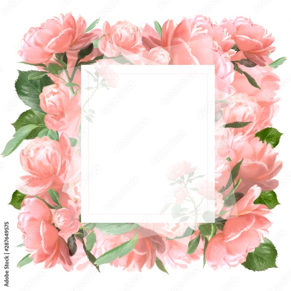 Beautiful pink roses vintage floral frame for wedding invitations . frame with flowers