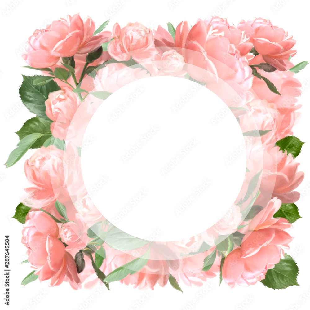 Beautiful pink pastel roses floral frame with realistic flowers. 