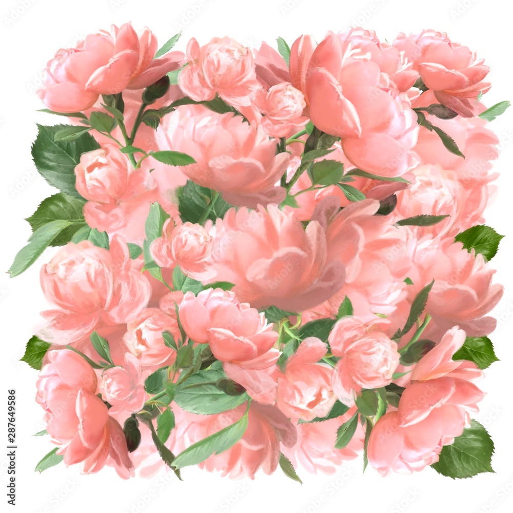 Beautiful pink roses floral frame. bouquet of flowers