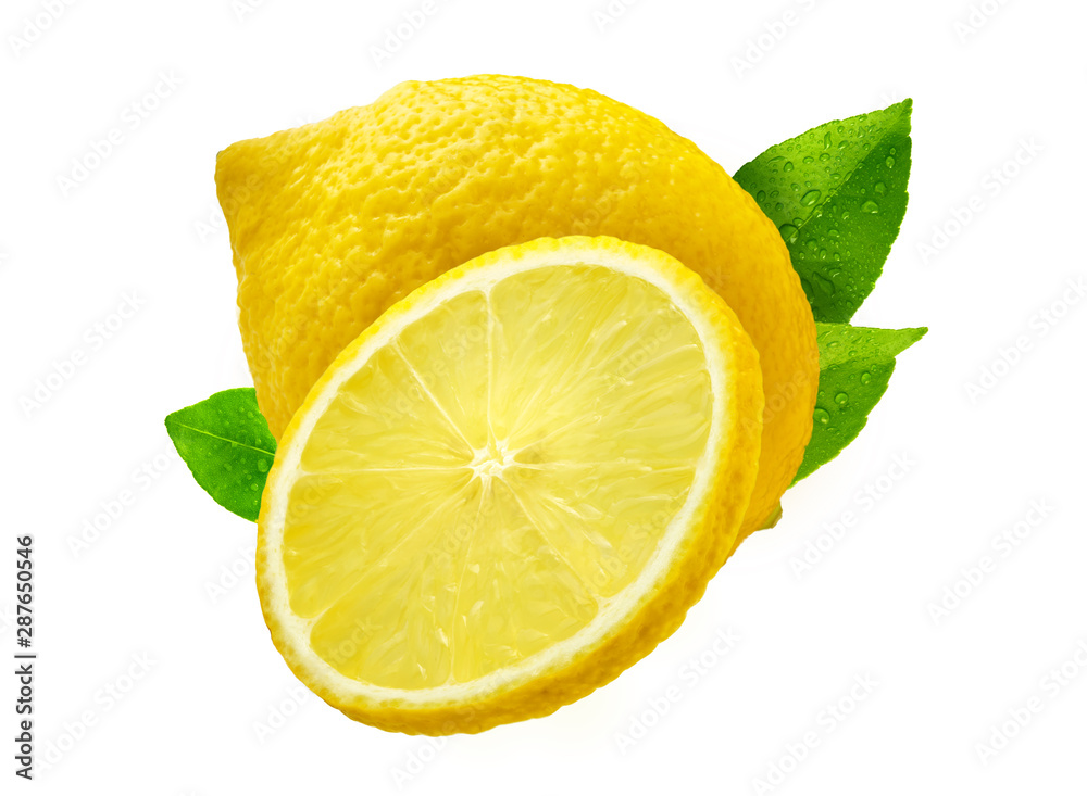 Fresh ripe lemon fruit, lemon slice and leaves isolated on white studio background. Lemon fruit juice, tropical citrus fruit label design element. Healthy nutrition, vitamins and supplements concept
