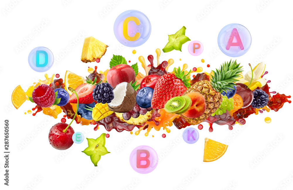 Assorted healthy fresh fruits berries, vitamins and supplements colorful mix. Creative wide layout collage of forest fruits, citrus, berries exotic tropical fruits assortment, juice blend 3D splashes