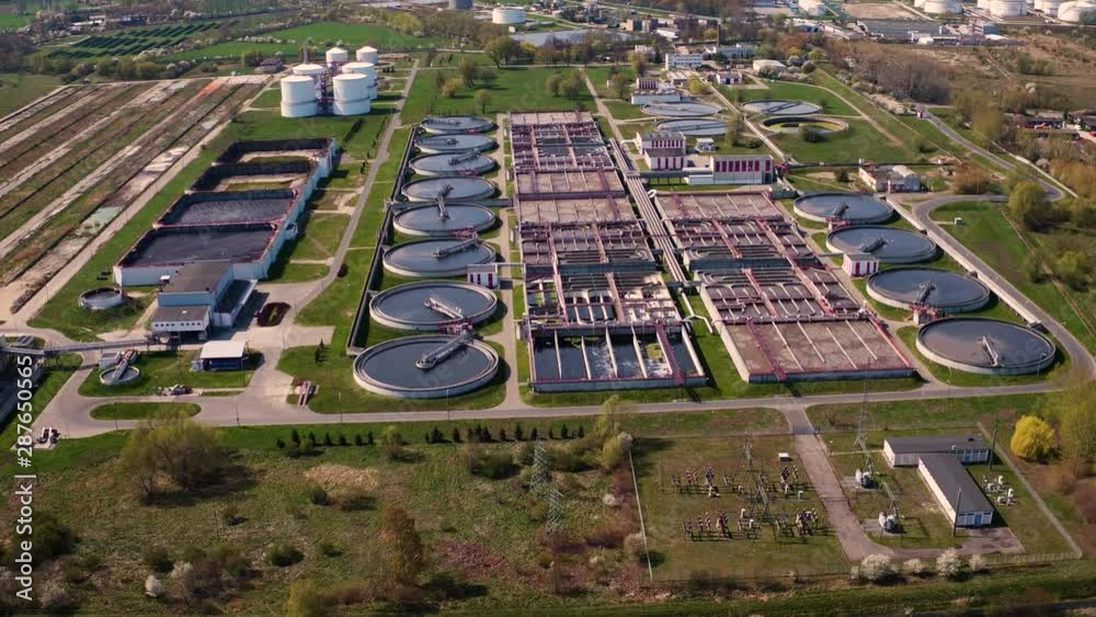 The drone flies over the sewage treatment plant in Gdańsk.