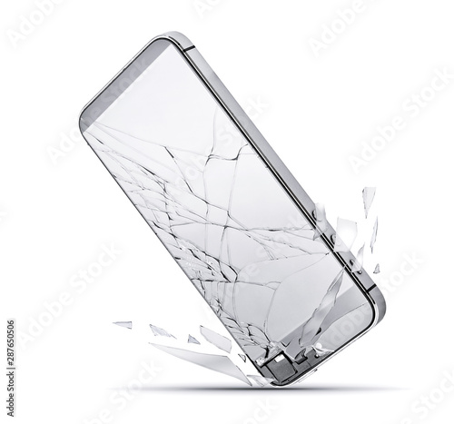 Close up of smartphone drop to the ground, broken glass screen isolated on a white background. Damaged mobile phone, cracked modern touch screen. Electronics repair service, accident insurance concept