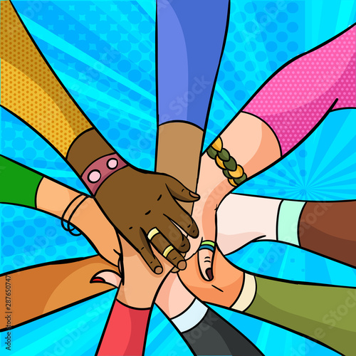 Many people of different races standing in a circle linking hands in a concept of teamwork, caring, cooperation and acceptance, colorful bright vector illustration